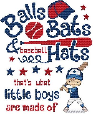 Balls Bats & Baseball Hats That's What Little Boys Are Made Of - Cross Stitch Wonders