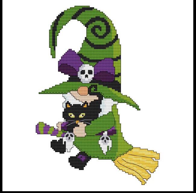 Halloween Gnome: Cat Witch - Cross Stitch Wonders