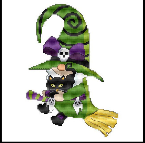 Halloween Gnome: Cat Witch - Cross Stitch Wonders