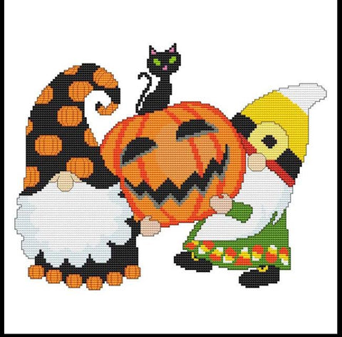 Halloween Gnomes: Cat On Pumpkin - Cross Stitch Wonders