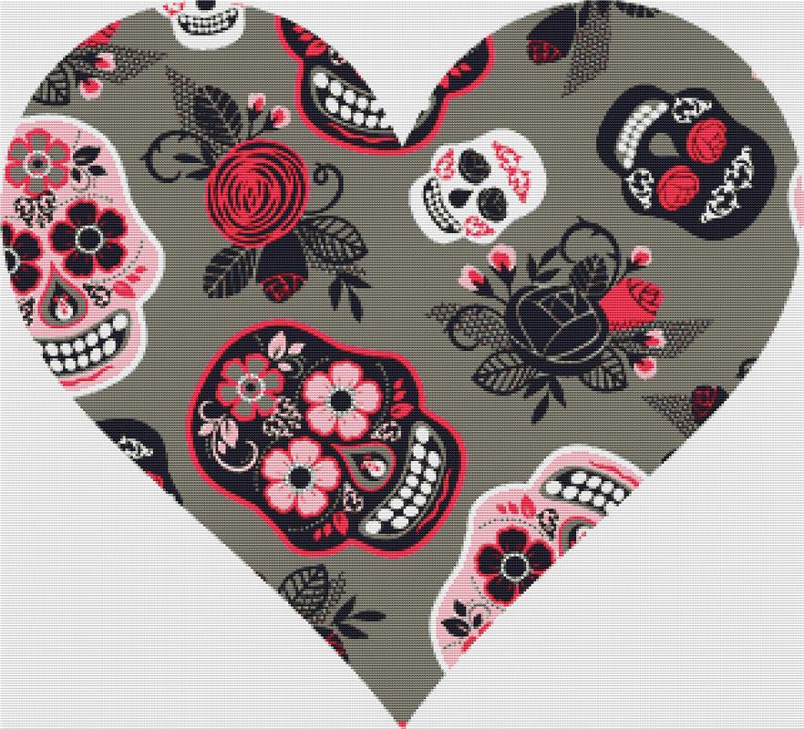 Pink And Grey Sugar Skull Heart - X Squared Cross Stitch