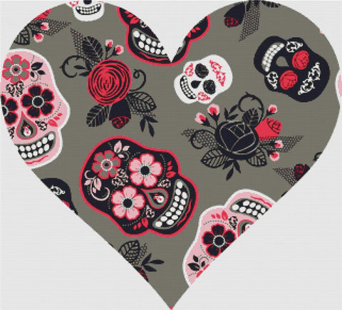 Pink And Grey Sugar Skull Heart - X Squared Cross Stitch