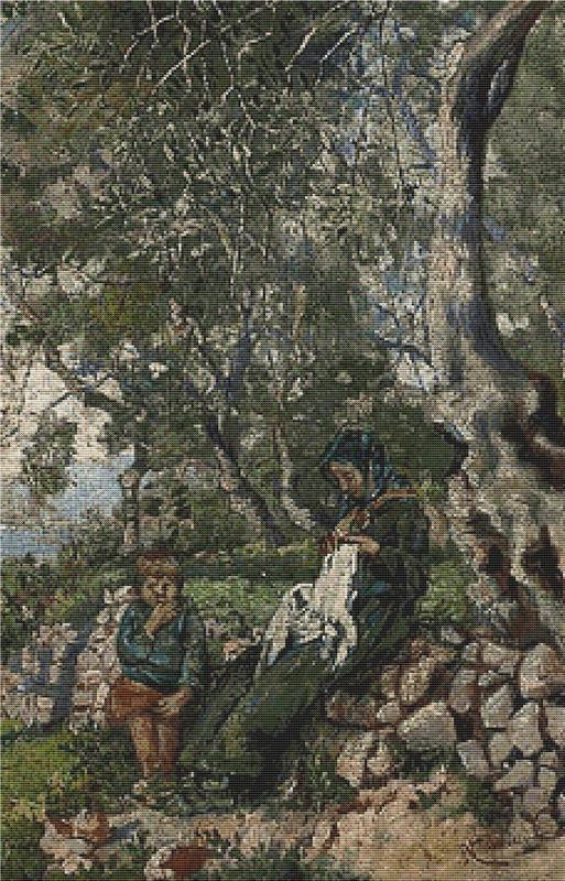 A Mother And Son Seated By A Wall Before The Sea - X Squared Cross Stitch