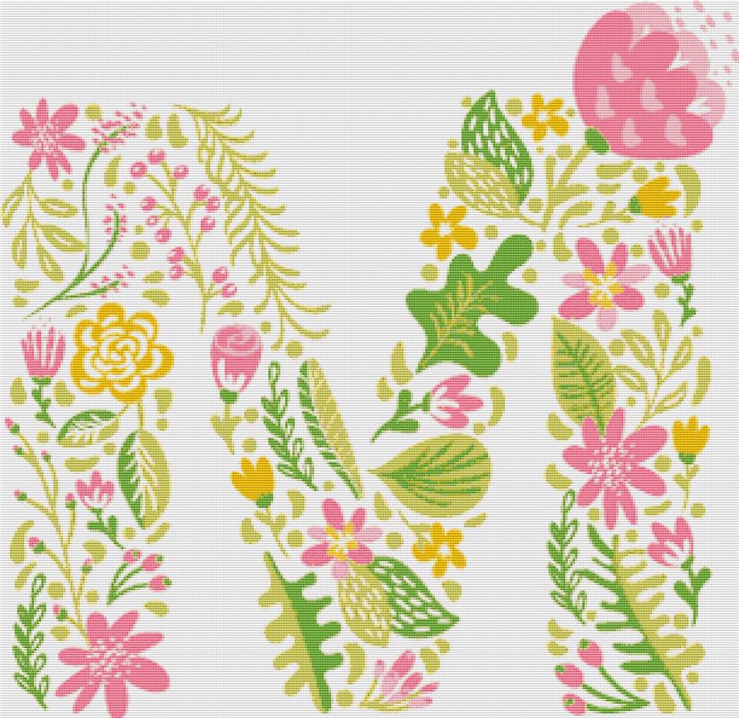 Floral Letter M - X Squared Cross Stitch