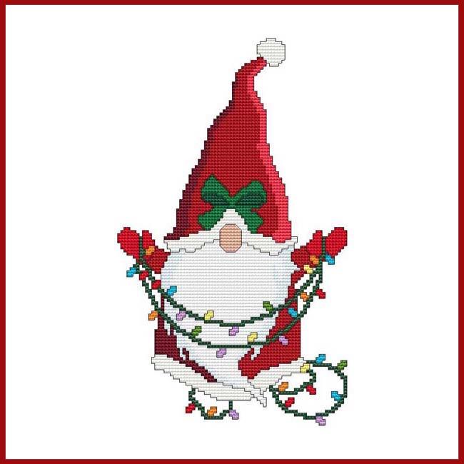 Santa Gnome With Christmas Lights - Cross Stitch Wonders