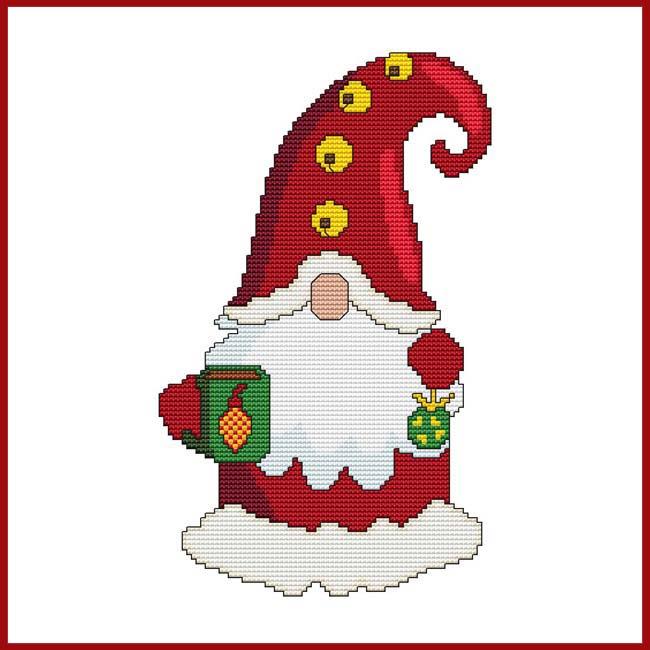 Santa Gnome With Mug & Ornament - Cross Stitch Wonders
