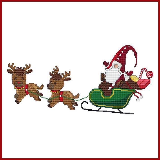 Santa Gnome With Reindeer & Sleigh - Cross Stitch Wonders