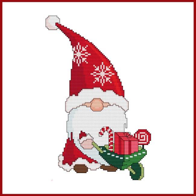 Santa Gnome With Gifts In Wheelbarrow - Cross Stitch Wonders
