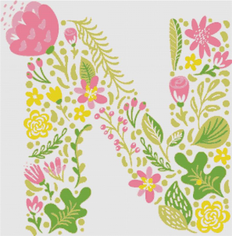 Floral Letter N - X Squared Cross Stitch