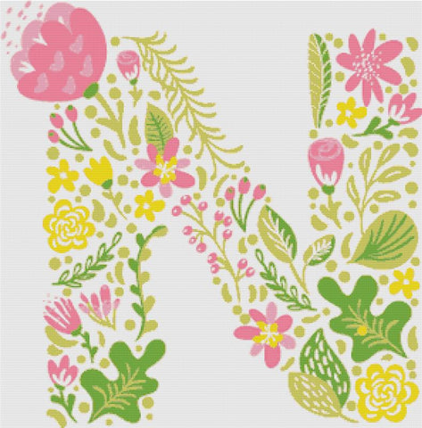 Floral Letter N - X Squared Cross Stitch