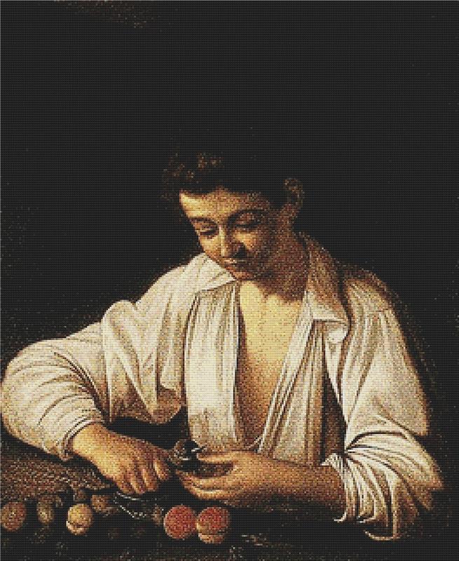 Boy Peeling Fruit - X Squared Cross Stitch