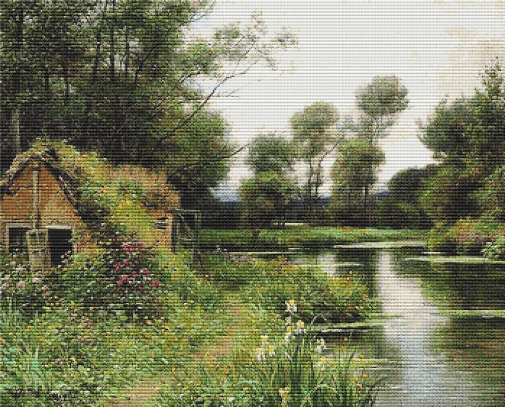 A Cottage In A River Landscape - X Squared Cross Stitch