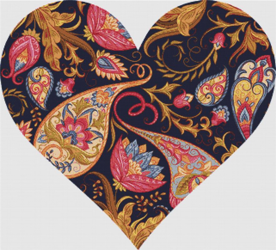 Magenta And Gold Paisley Heart - X Squared Cross Stitch