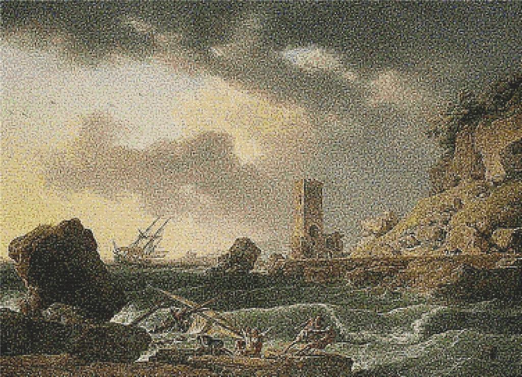 Rocky Coastal Scene With A Shipwreck - X Squared Cross Stitch