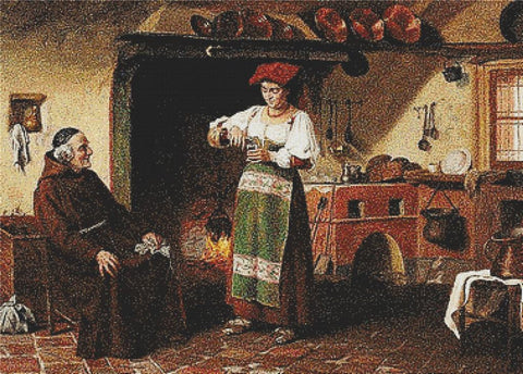 Kitchen Interior With An Italian Lady Serving Wine To A Monk - X Squared Cross Stitch