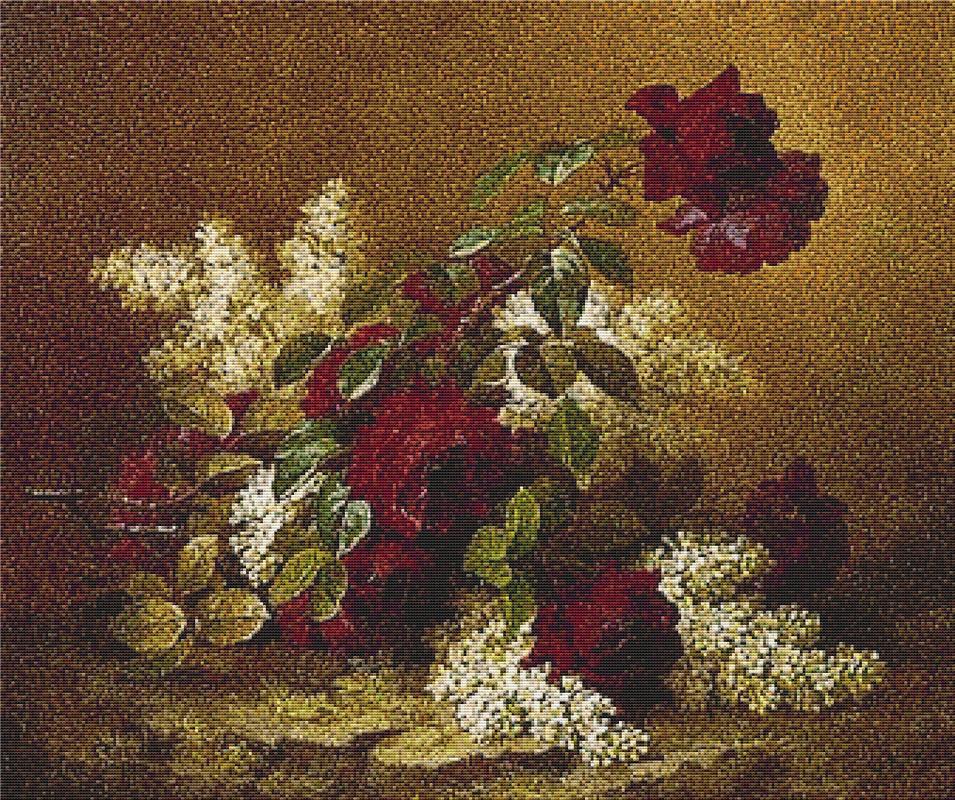 Still Life With Red Roses And Lilacs - X Squared Cross Stitch