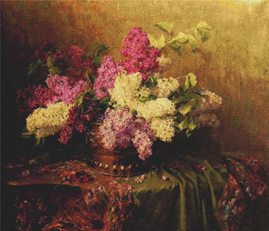 A Still Life With Lilacs And Violets On A Draped Guilt Rococo Table - X Squared Cross Stitch