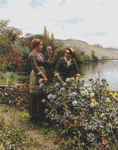 Two Women Cutting Flowers In The Garden - X Squared Cross Stitch