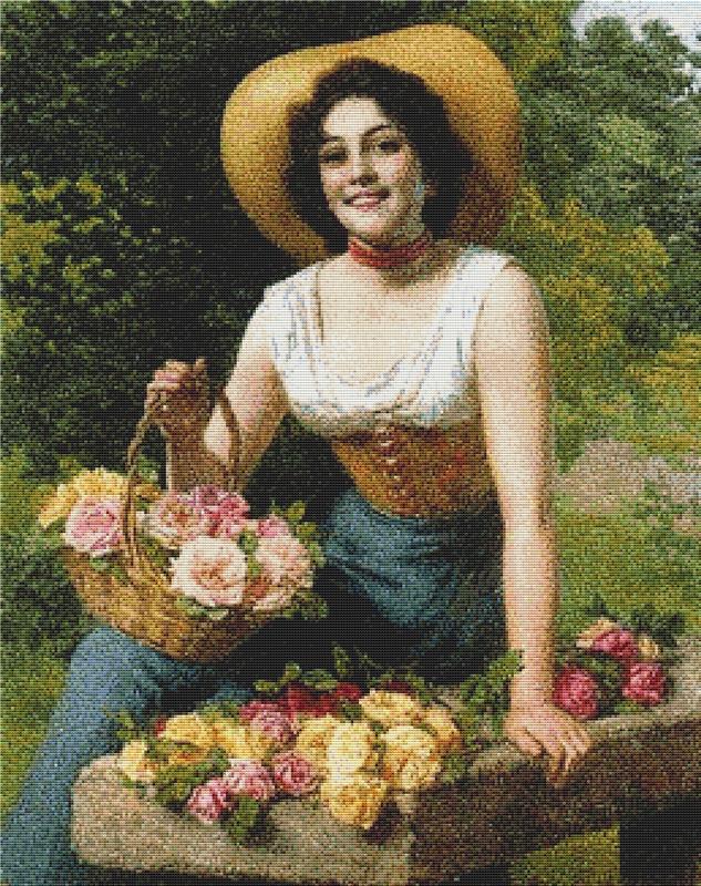 A Beauty Holding A Basket Of Roses - X Squared Cross Stitch