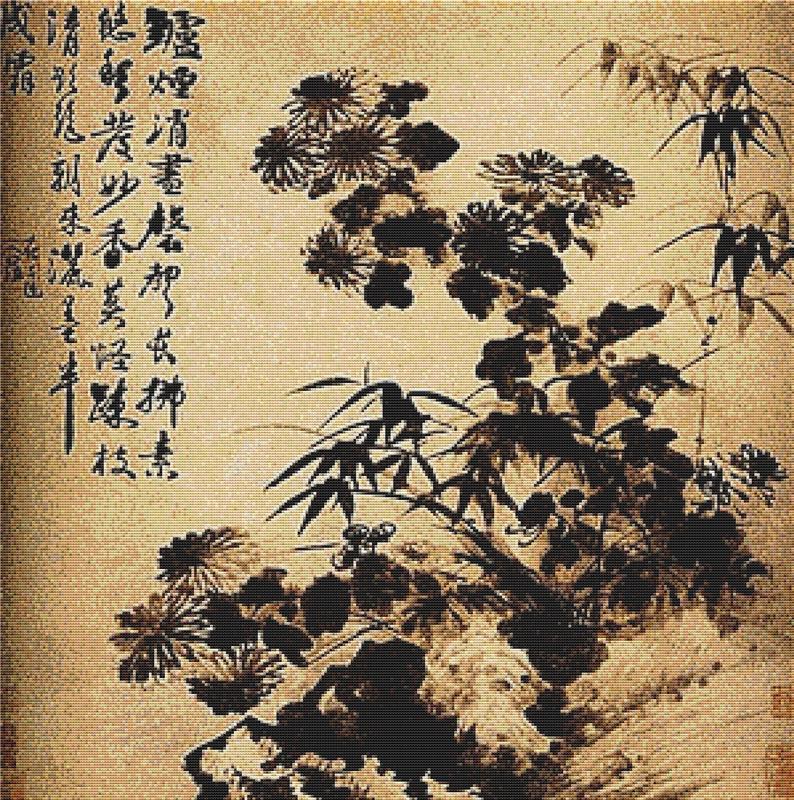 Chrysanthemums And Bamboo - X Squared Cross Stitch