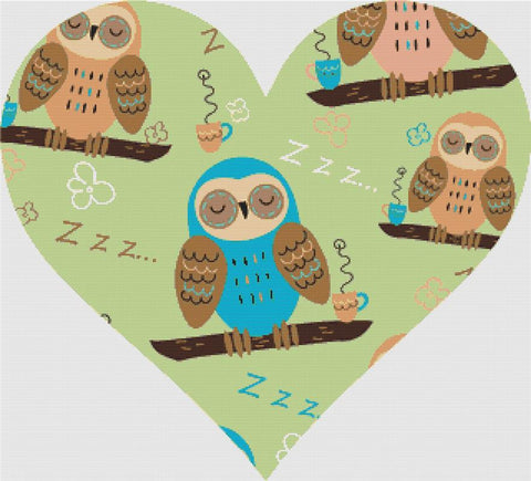 Sleepy Owl Heart: Green - X Squared Cross Stitch
