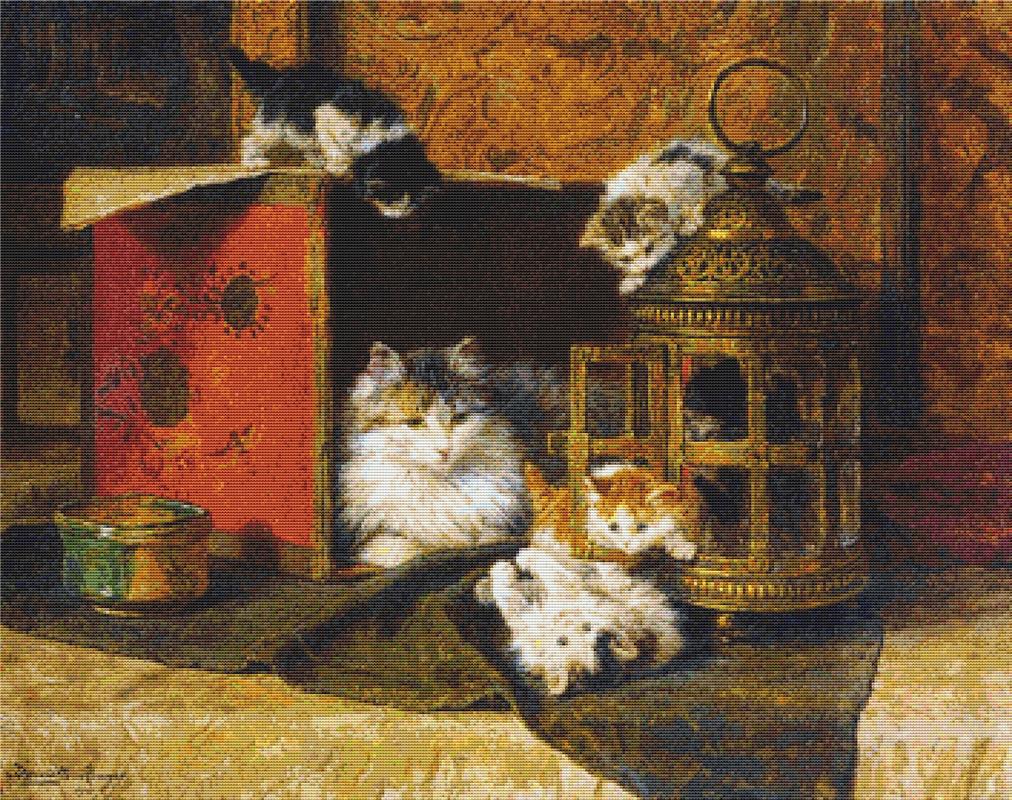 A Mother Cat Watching Her Kittens Playing - X Squared Cross Stitch