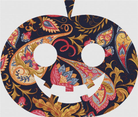 Magenta And Gold Paisley Jack-O-Lantern - X Squared Cross Stitch