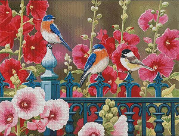 Iron Fence With Hollyhocks - Artecy Cross Stitch
