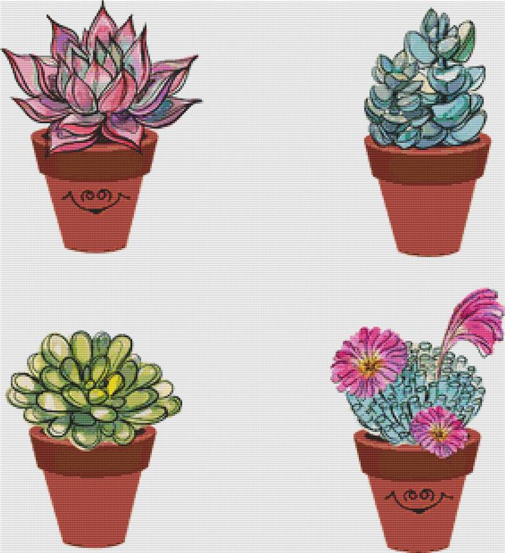 Succulents In Clay Pots II - X Squared Cross Stitch