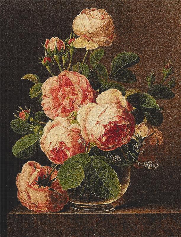 Still Life of Roses In A Glass Vase - X Squared Cross Stitch