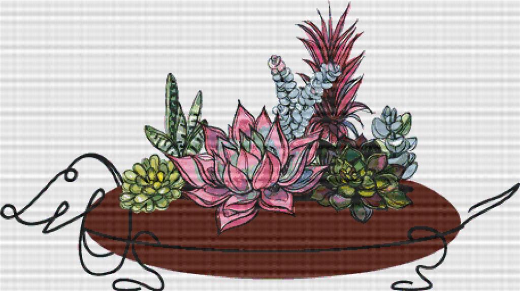 Succulents In A Dachshund Pot - X Squared Cross Stitch