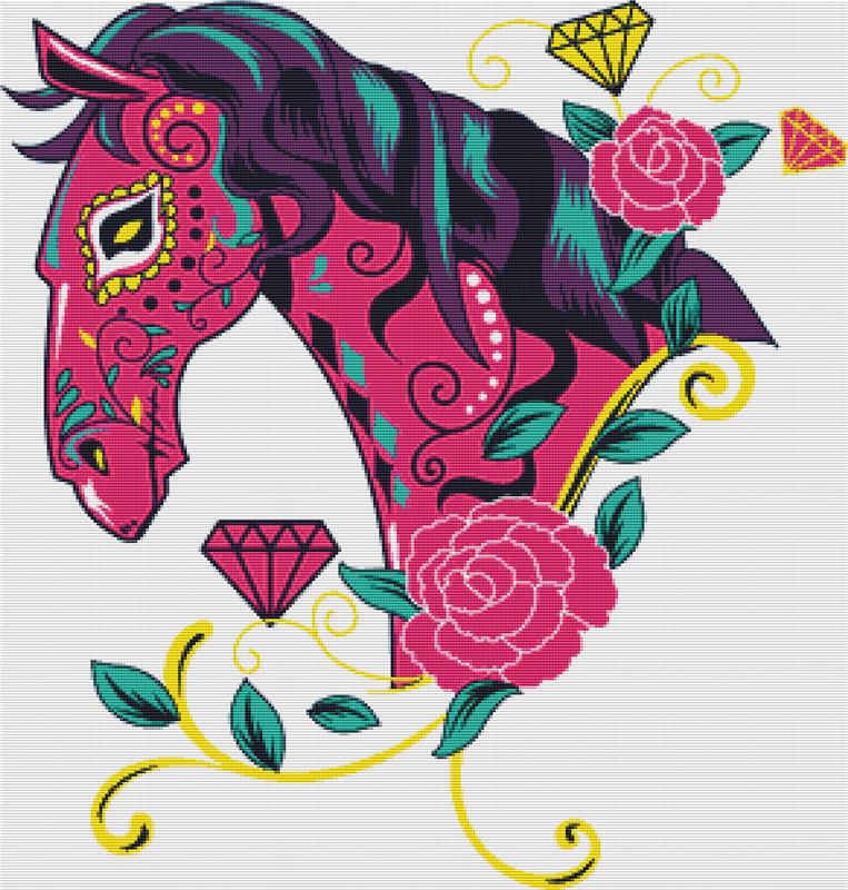 Pink Day Of The Dead Horse - X Squared Cross Stitch