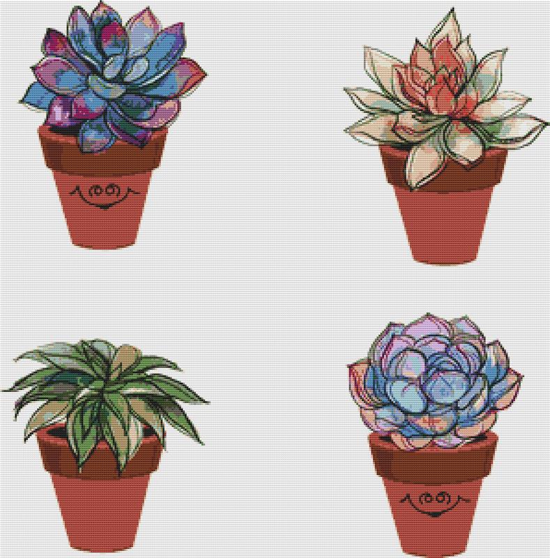 Succulents In Clay Pots III - X Squared Cross Stitch