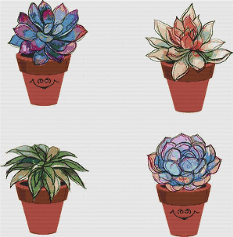 Succulents In Clay Pots III - X Squared Cross Stitch