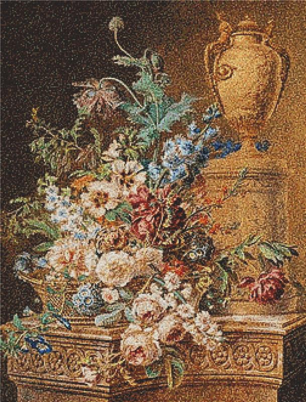 Grosser Sommerblumenstrauss In Einem Korb Vor Klassizistischer Vase - X Squared Cross Stitch