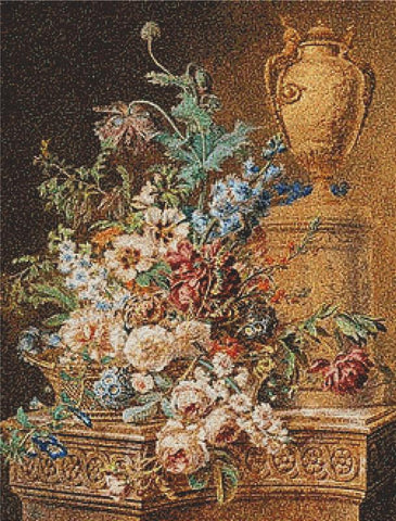 Grosser Sommerblumenstrauss In Einem Korb Vor Klassizistischer Vase - X Squared Cross Stitch