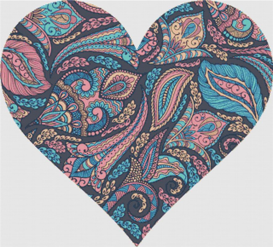 Pink And Blue Paisley Heart - X Squared Cross Stitch