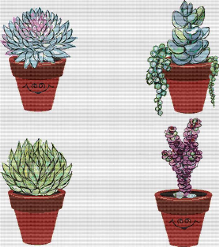 Succulents In Clay Pots IV - X Squared Cross Stitch