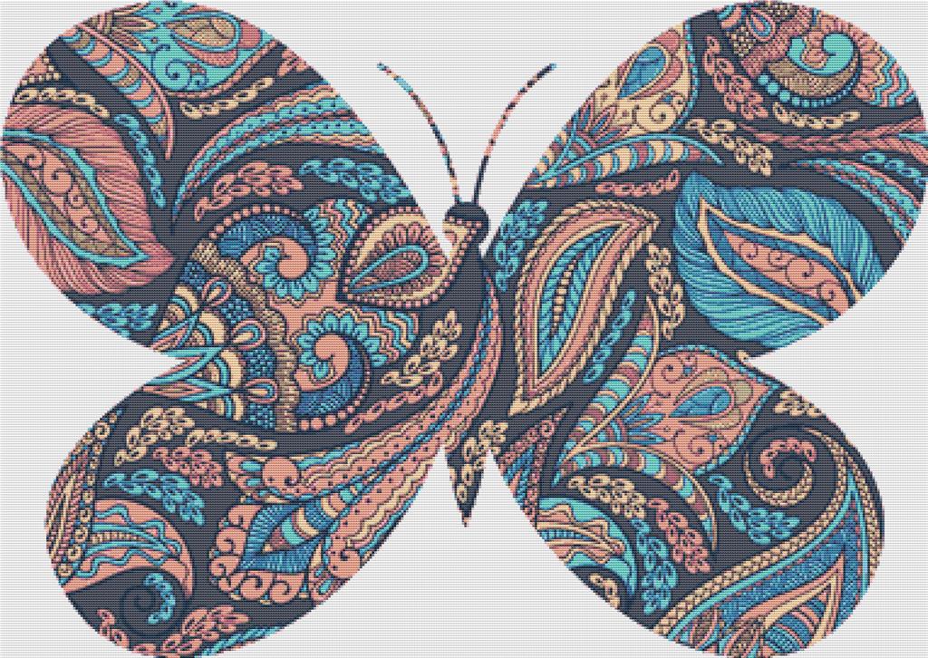 Pink And Blue Paisley Butterfly - X Squared Cross Stitch
