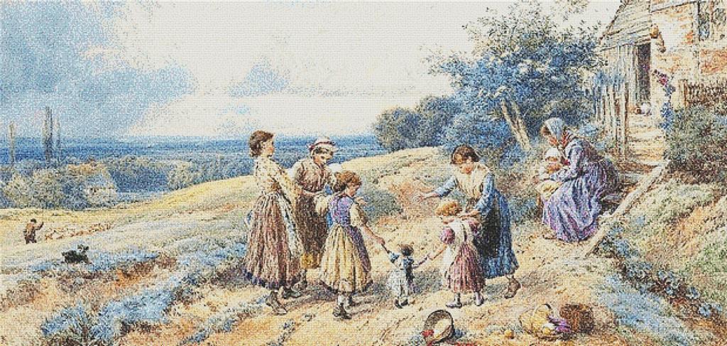 Children Playing Outside A Farmhouse - X Squared Cross Stitch