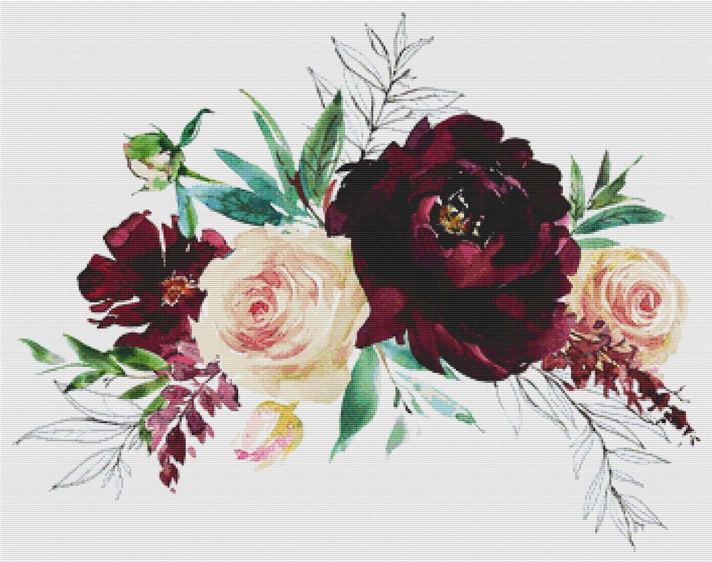 Blush And Wine Floral Arrangement - X Squared Cross Stitch