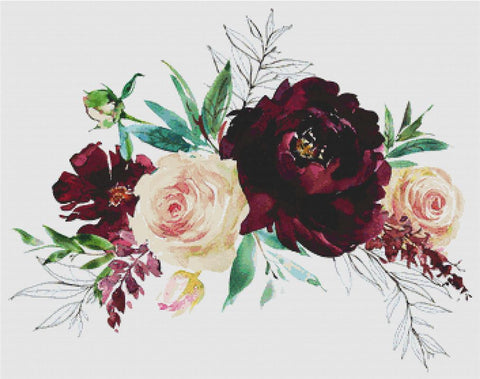 Blush And Wine Floral Arrangement - X Squared Cross Stitch