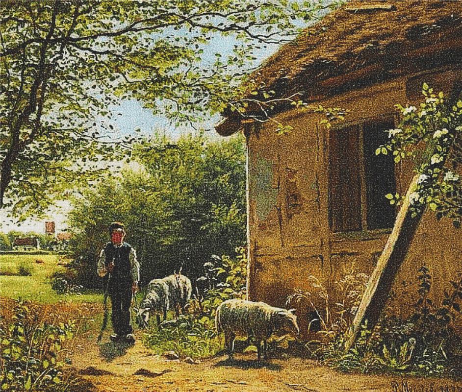 A Thatched Cottage With A Boy And Two Sheep In Front - X Squared Cross Stitch