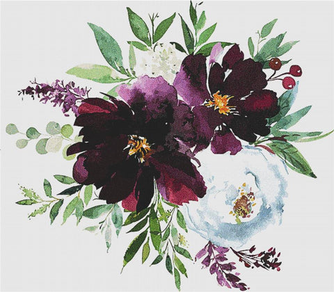 Plum And Green Watercolour Bouquet - X Squared Cross Stitch