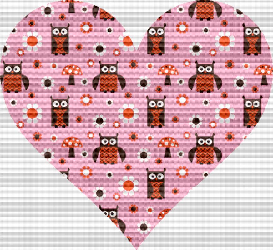 Pink Owl Heart - X Squared Cross Stitch