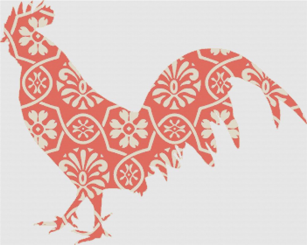Orange Floral Rooster - X Squared Cross Stitch
