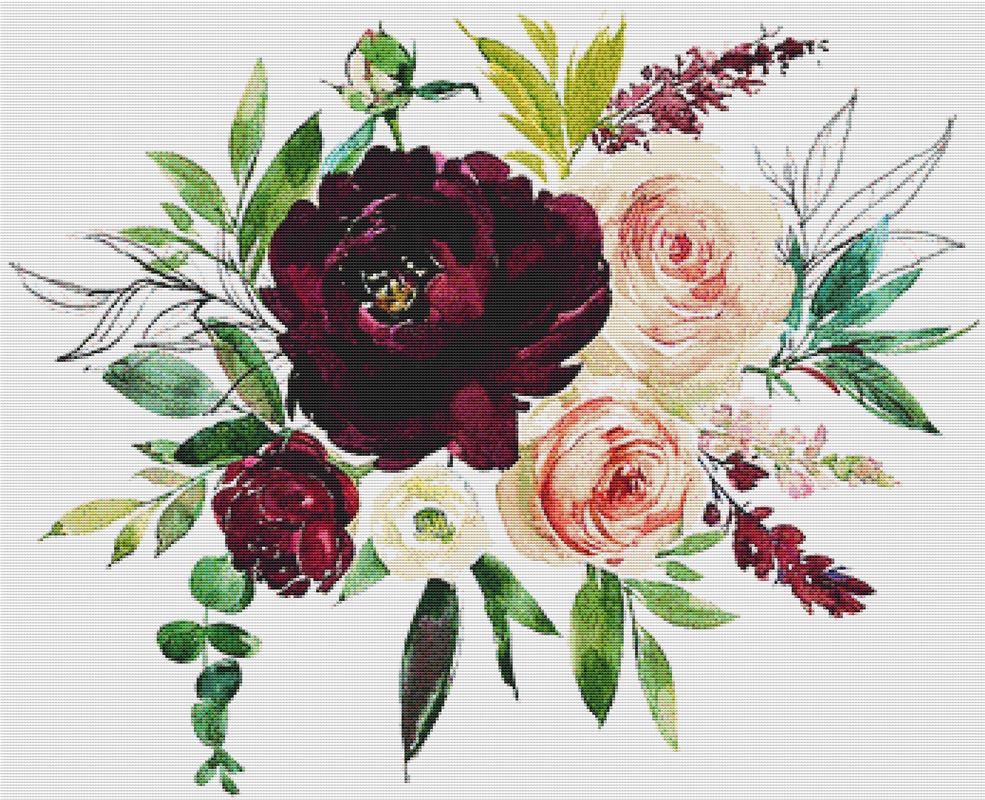 Blush And Wine Floral Arrangement I - X Squared Cross Stitch