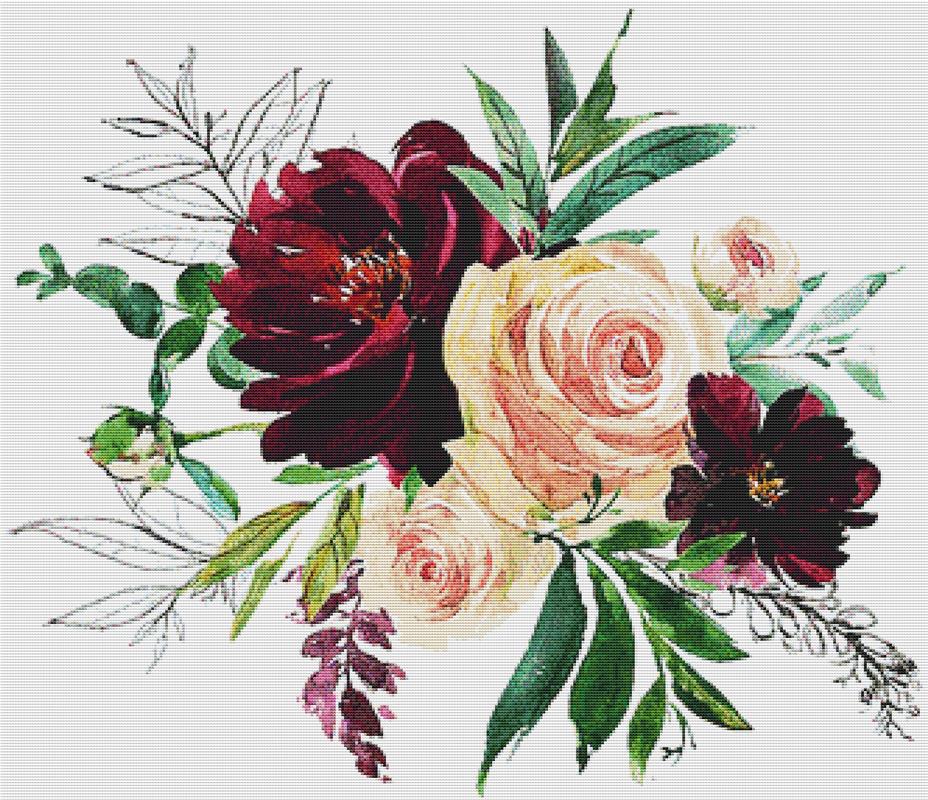 Blush And Wine Floral Arrangement II - X Squared Cross Stitch