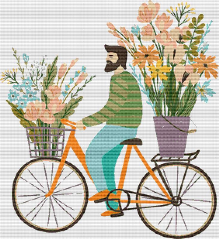 Man With Flowers On A Bike - X Squared Cross Stitch