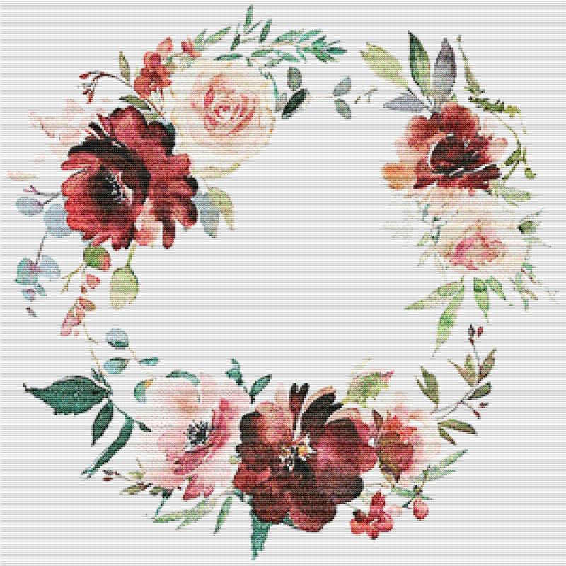 Burgundy And Rose Wreath - X Squared Cross Stitch